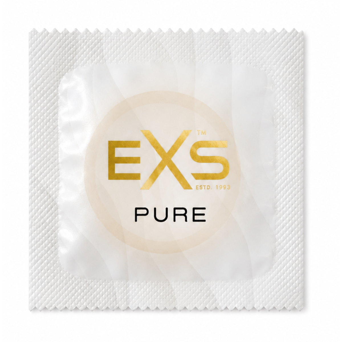 Close-up front view of a single semi-translucent white EXS Pure condom foil wrapper featuring gold lettering for the EXS logo and the word "PURE" written below. Hauptbild