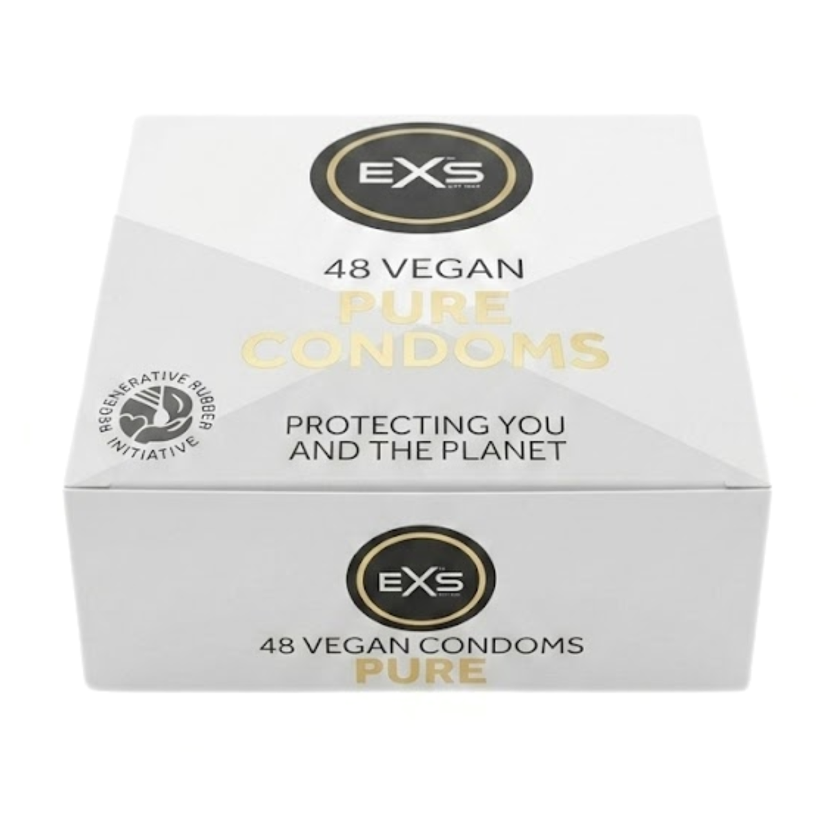 Studio product shot of a white and gray EXS Pure 48-pack box seen from a front high-angle view, featuring gold lettering for "Pure Condoms" and the Regenerative Rubber Initiative logo.