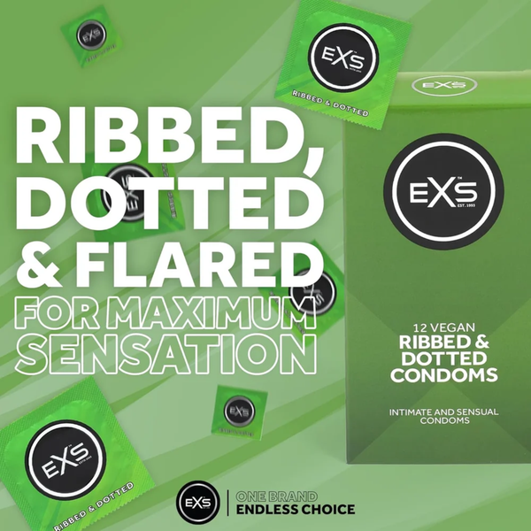 Product packaging graphic featuring a green box of EXS Ribbed & Dotted Condoms surrounded by several individual green foil wrappers. Overlay text reads "RIBBED, DOTTED, & FLARED FOR MAXIMUM SENSATION".