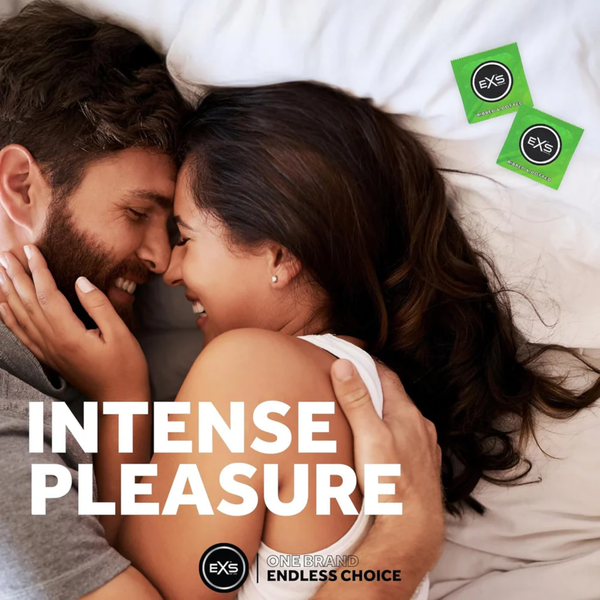 Lifestyle image of a smiling couple embracing closely in bed. Bold text overlay reads "INTENSE PLEASURE," accompanied by two green EXS Ribbed & Dotted condom wrappers in the upper corner.