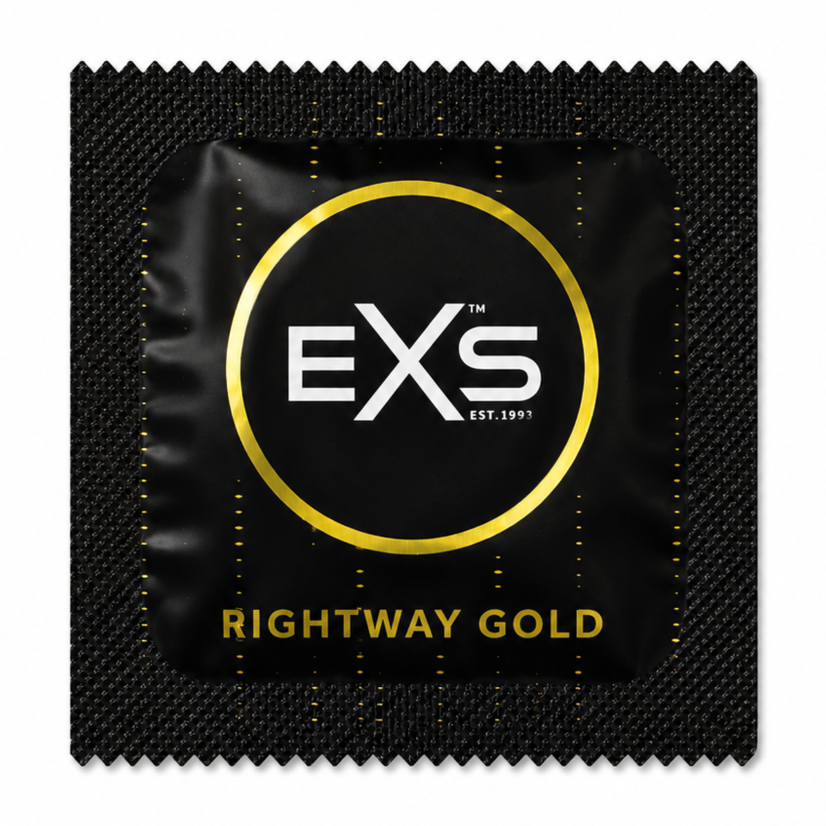 Front view of a single black and gold EXS Rightway Gold condom foil wrapper centered against a plain white background. Hauptbild