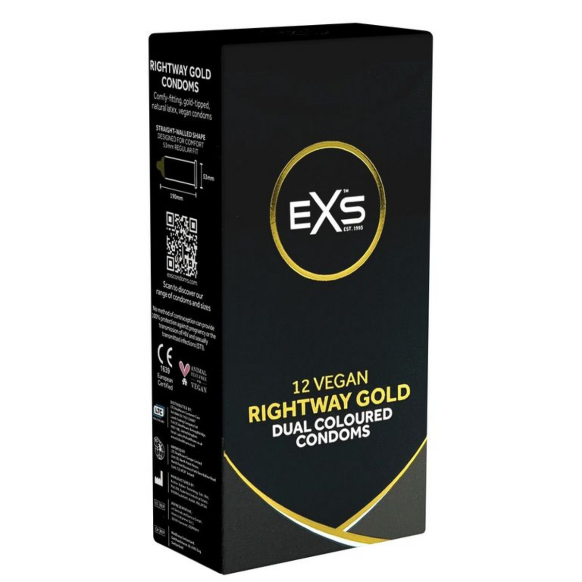 Side view of the black and gold retail box for EXS Rightway Gold Dual Colored Condoms, showing product details including the straight-walled shape, dimensions (53mm regular fit), CE mark, and the vegan logo. Hauptbild