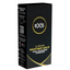 Side view of the black and gold retail box for EXS Rightway Gold Dual Colored Condoms, showing product details including the straight-walled shape, dimensions (53mm regular fit), CE mark, and the vegan logo.