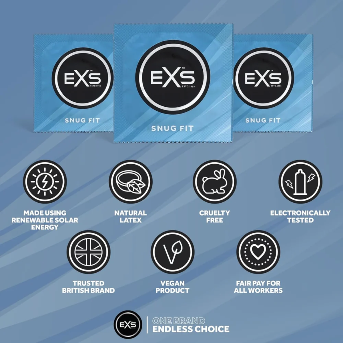 An infographic set against a dusty blue background detailing product features above three blue EXS Snug Fit condom foil wrappers. Feature icons highlight solar energy manufacturing, natural latex, cruelty-free certification, electronic testing, British branding, vegan formula, and fair pay practices.