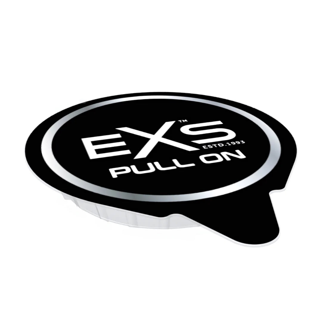 Black and white EXS pull on packaging on a white background