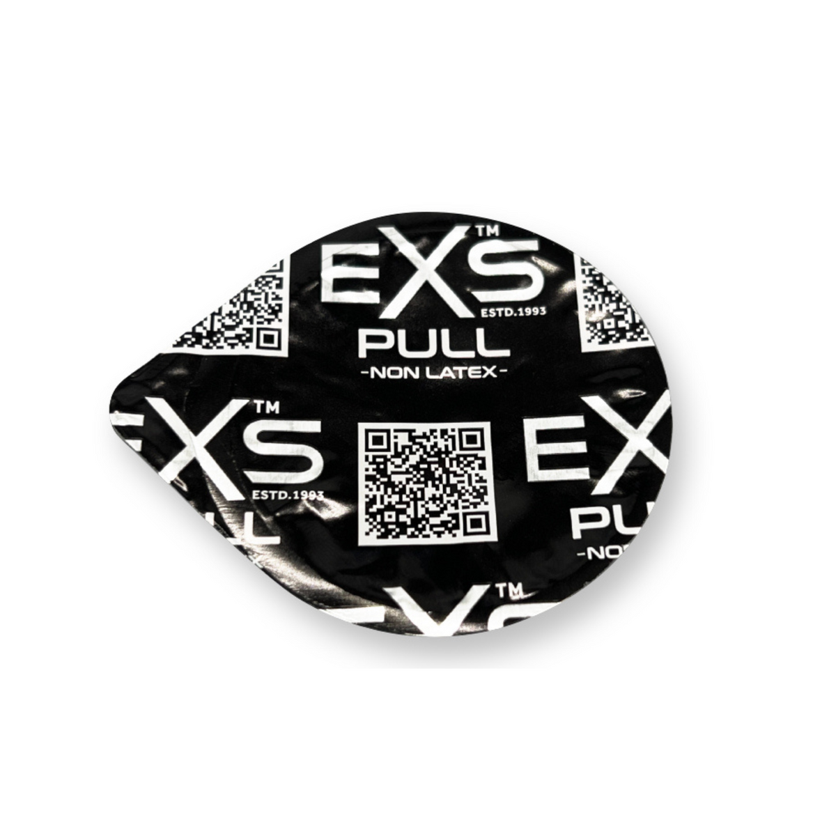 An image of a single, black-and-white foil-wrapped condom packet from the brand EXS. The wrapper is marked with the brand's logo, which features the text "EXS PULL" and "ESTD. 1993." A QR code is visible in the center of the packet. The product is labeled as "NON LATEX."