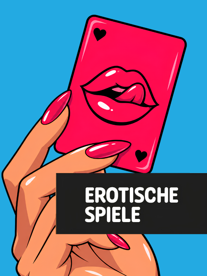 Hand holding a bright pink playing card featuring lips and heart symbols on a blue background.