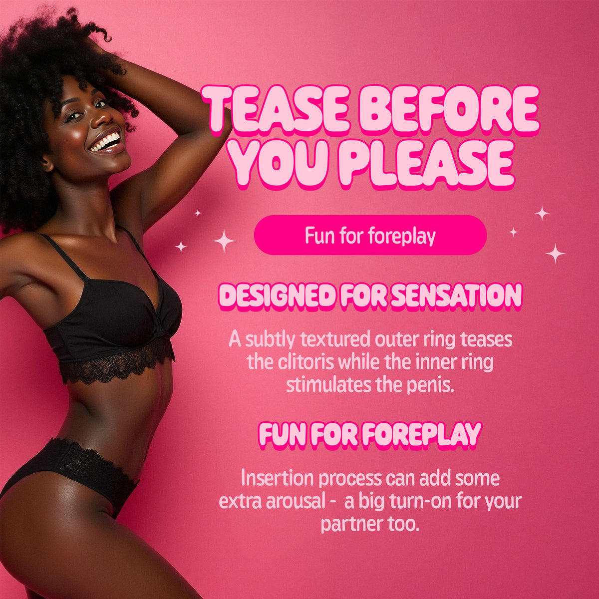 Product advertisement with a woman in lingerie on a pink background, featuring text about product features.