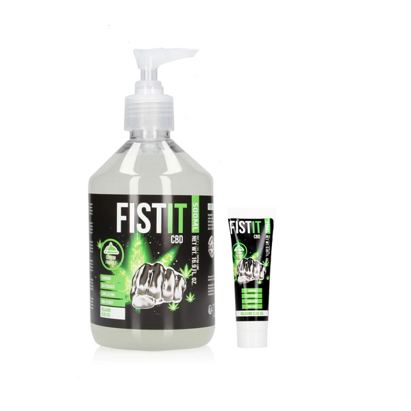 An image of two products that are labeled FISTIT CBD Water-Based. The larger item on the left is a clear, plastic pump bottle containing a transparent gel.  The smaller item on the right is a small, squeeze tube. The background is solid white.