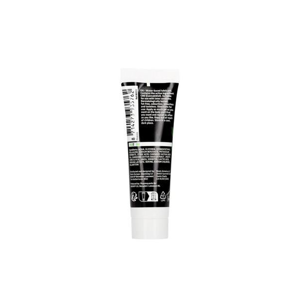A back image of a small squeeze tube of FISTIT CBD Lube. The tube has a black label with bright green and white accents. The background is solid white.