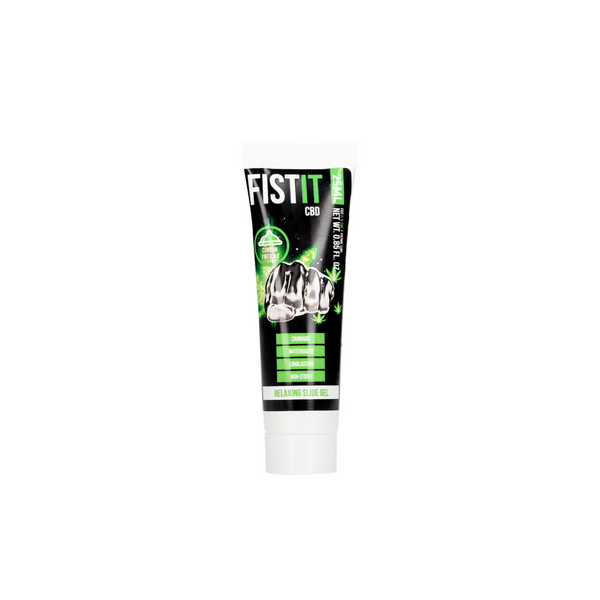 An image of a small squeeze tube of FISTIT CBD Lube. The tube has a black label with bright green and white accents. The background is solid white.