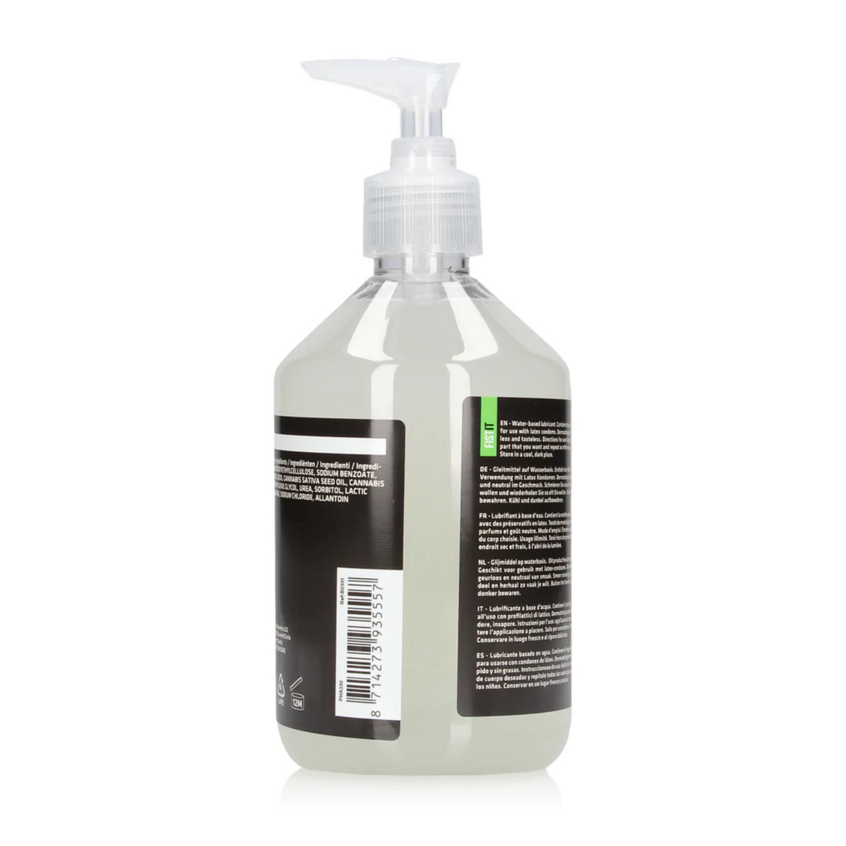 A back image of a large pump dispenser bottle of FISTIT CBD Lube. The tube has a black label with bright green and white accents. The background is solid white.
