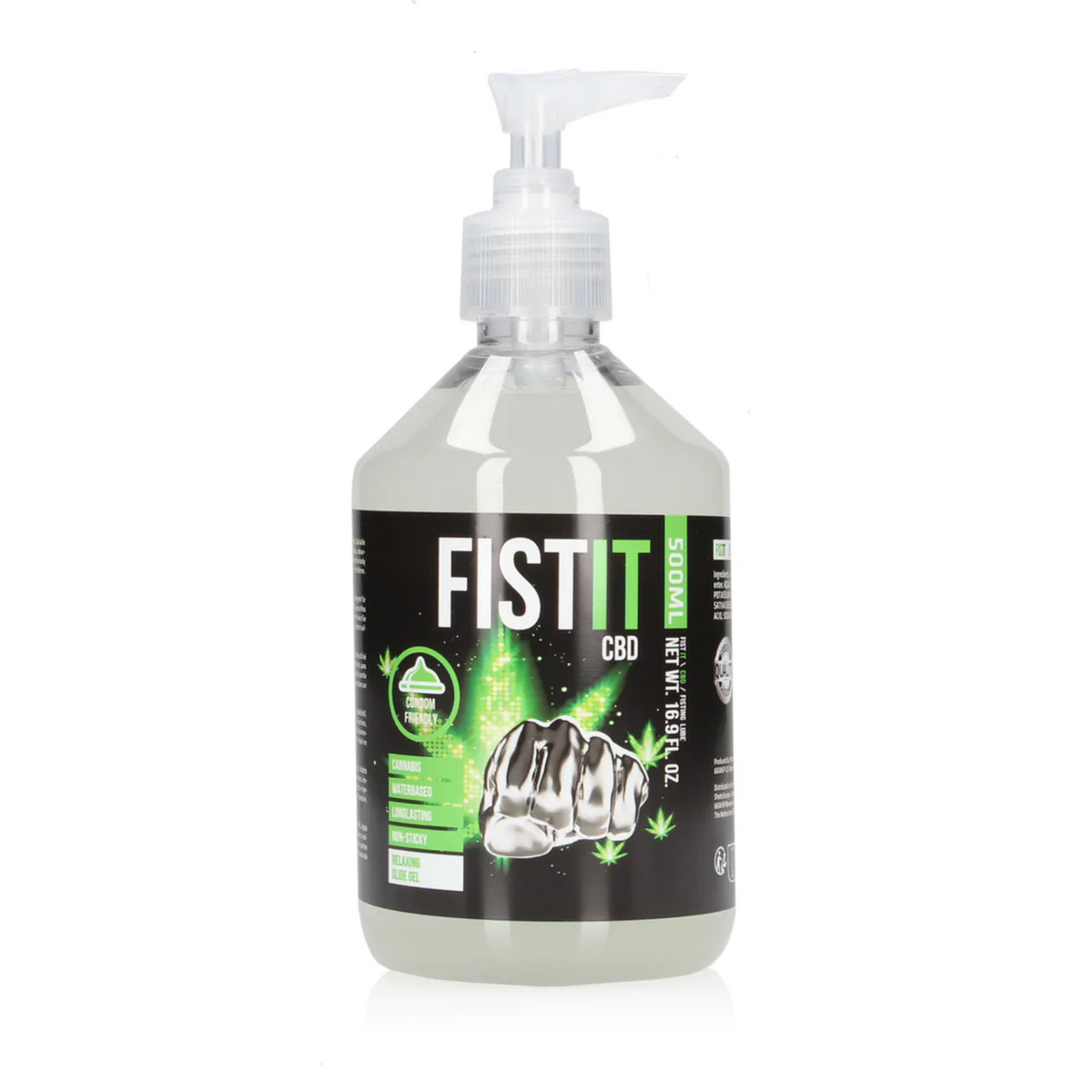 An image of a large pump dispenser bottle of FISTIT CBD Lube. The tube has a black label with bright green and white accents. The background is solid white.