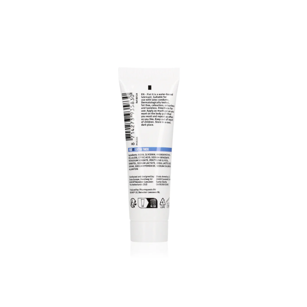 Back view of the 25ml lubricant tube, showing the barcode, multi-language instructions, and ingredient list.