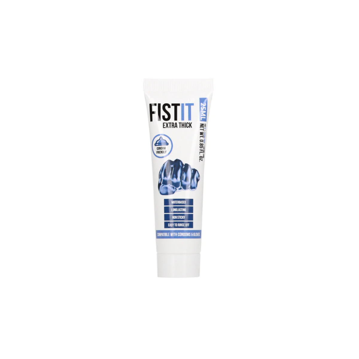 Front view of the FISTIT Extra Thick water-based lubricant in a small 25ml / 0.8 fl.oz white squeeze tube.