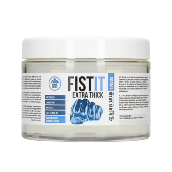 Front view of the FISTIT Extra Thick water-based lubricant in a clear 500ml / 16.9 fl.oz jar with a white lid. 
