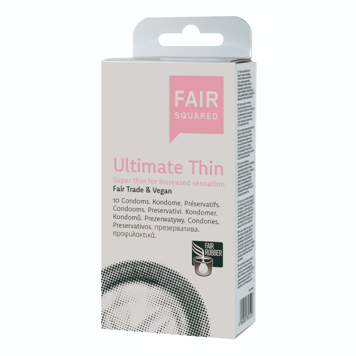 Studio product shot of the light gray Fair Squared Ultimate Thin 10-pack box standing at a three-quarter angle against a white background, featuring pink branding and the Fair Rubber logo. Hauptbild