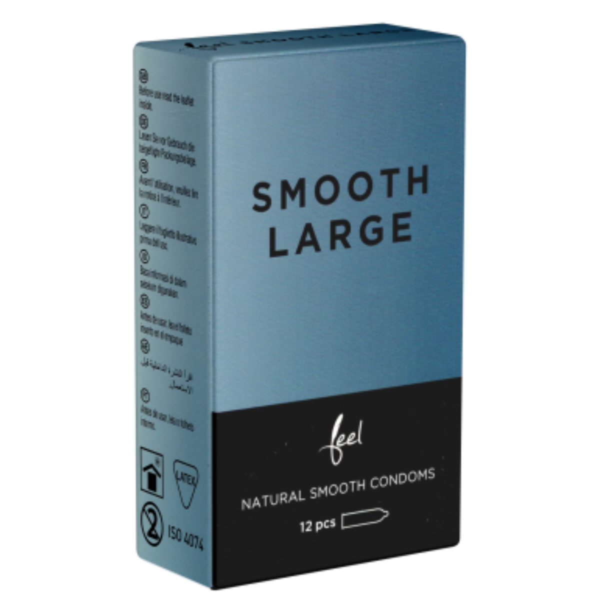 Studio product shot of the Feel Smooth Large Condoms 12-pack box standing upright at a three-quarter angle against a white background, featuring a muted slate blue upper half and a black base with white branding. Hauptbild