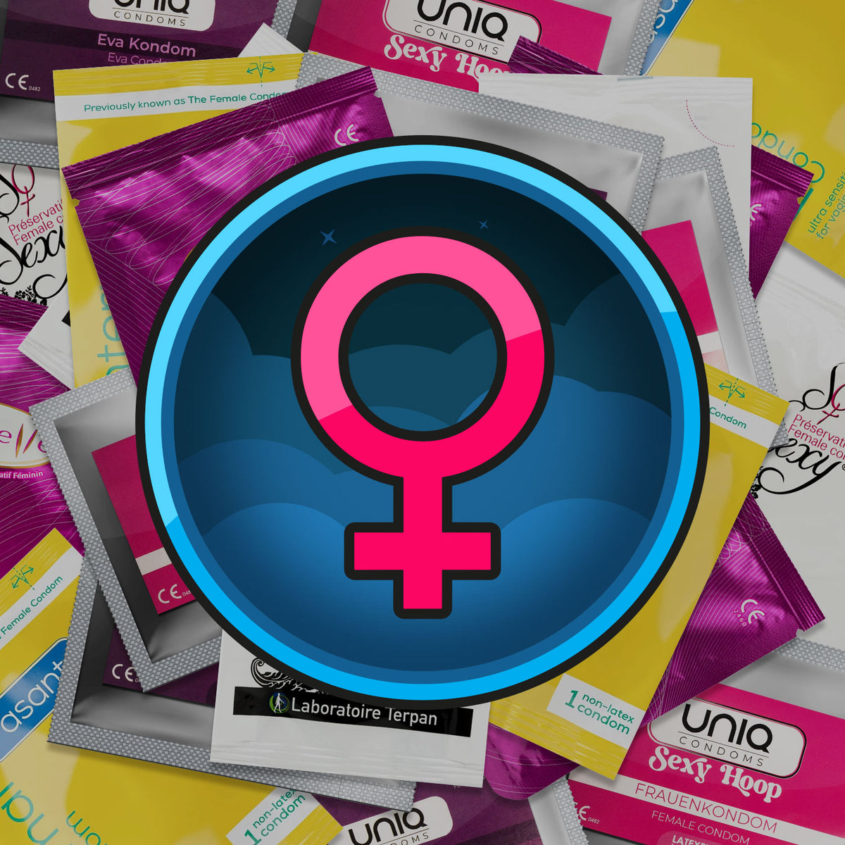 Condom packages with a prominent female symbol in the center Hauptbild