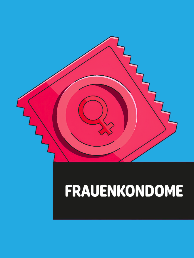 Pink female condom package on a blue background with a female symbol.
