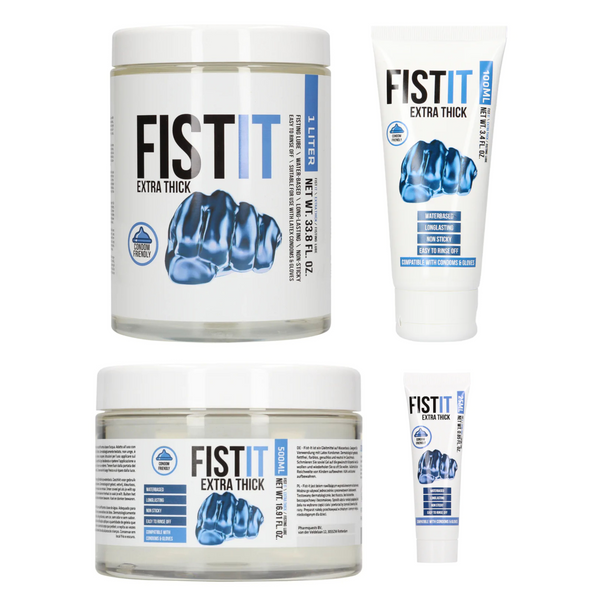 A compilation image showing four different sizes of FISTIT Extra Thick water-based lubricant: the 1 Liter jar, the 100ml tube, the 500ml jar, and the 25ml tube.