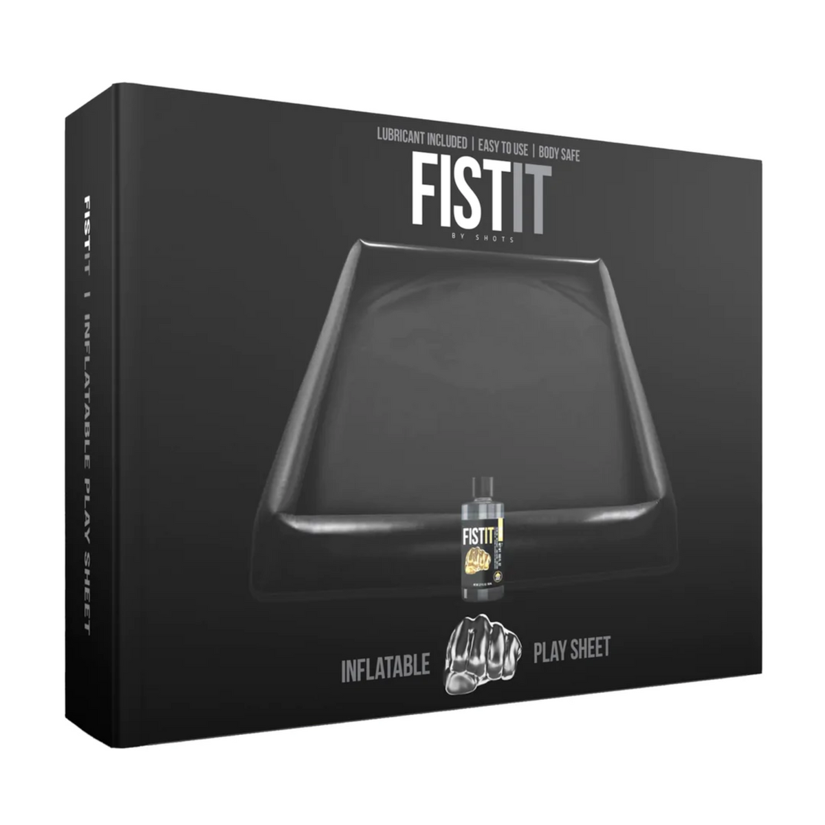 Black product packaging for the FISTIT Inflatable Play Sheet, featuring an image of the inflatable mat and included lubricant. Hauptbild
