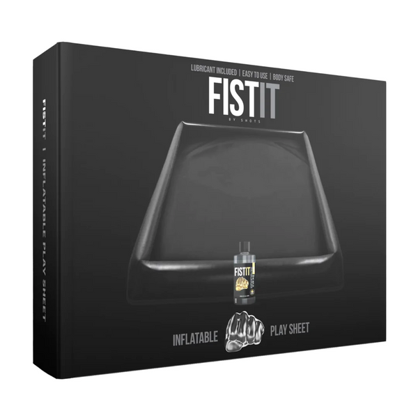 Black product packaging for the FISTIT Inflatable Play Sheet, featuring an image of the inflatable mat and included lubricant.
