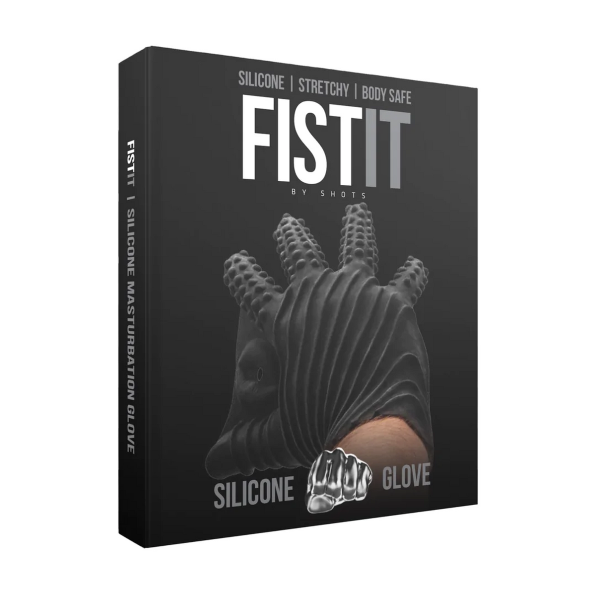 Black product packaging for the FISTIT Silicone Masturbation Glove, featuring a textured glove and product details.  Hauptbild