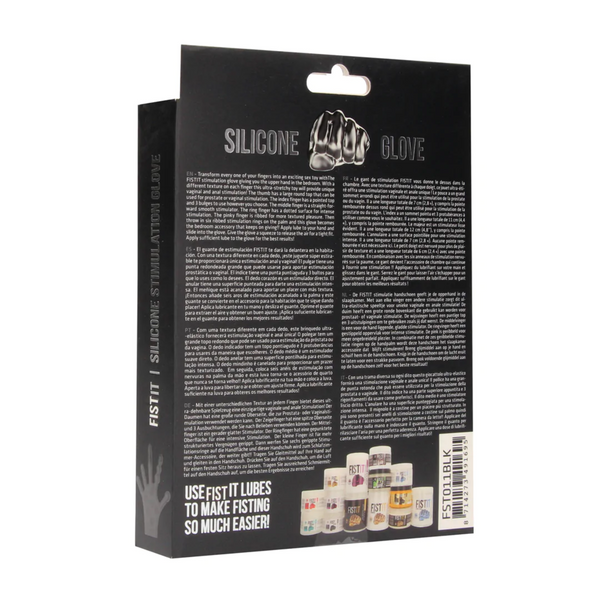 Back of the black product packaging for the FISTIT Silicone Glove, showing multilingual product description and lubricant recommendation.