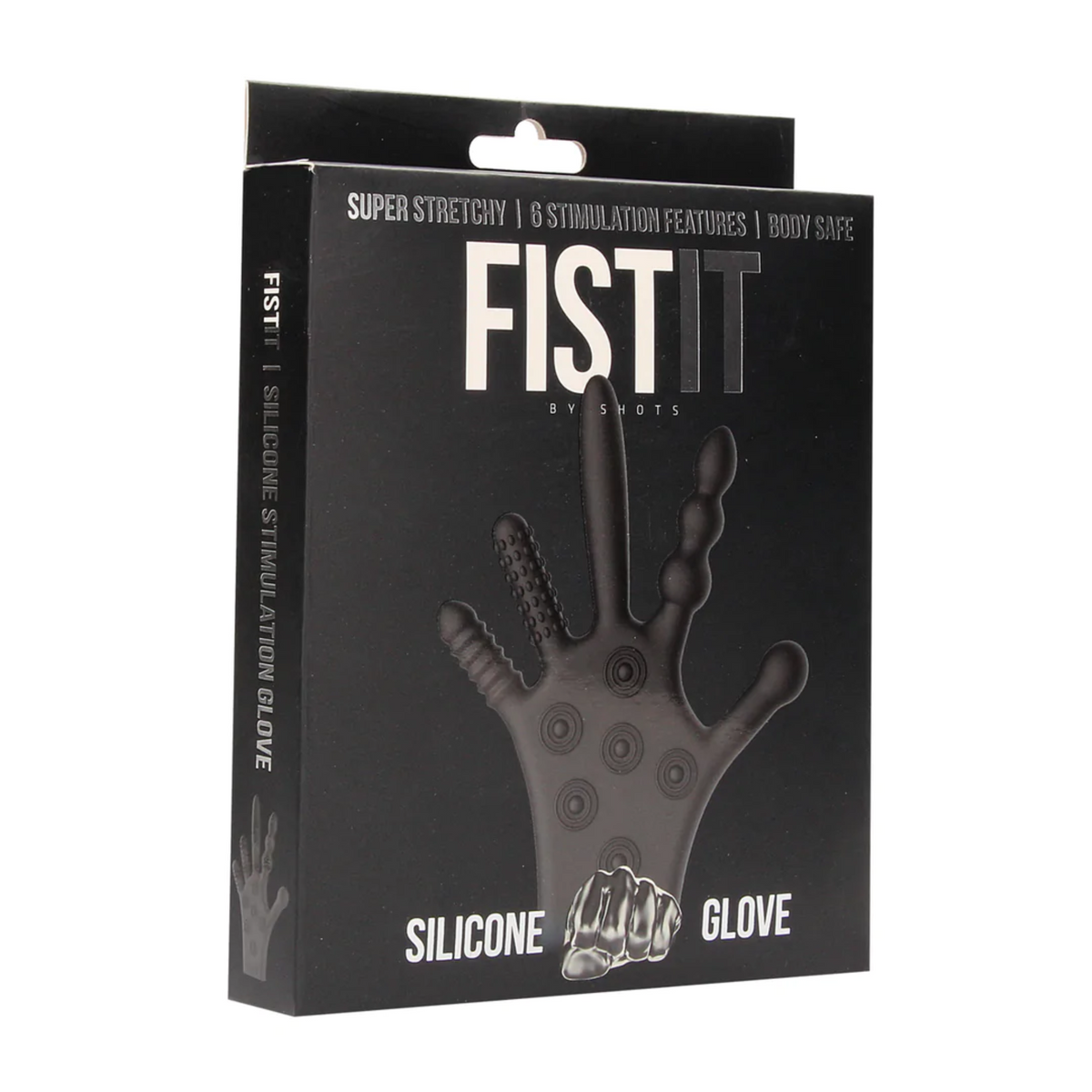 Front of the black product packaging for the Fist It Silicone Glove 6 Simulation Features. Hauptbild