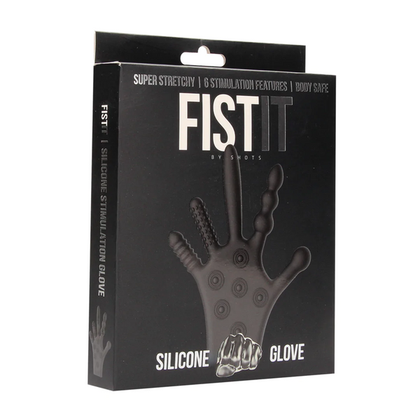 Front of the black product packaging for the Fist It Silicone Glove 6 Simulation Features.