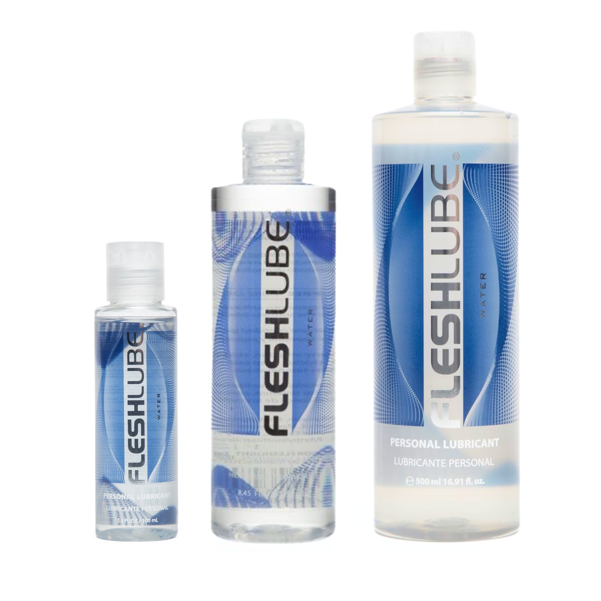 Three Fleshlight Fleshlube Water-based Lubricants side by side: 100ml, 250ml and 500ml in the white background. Hauptbild