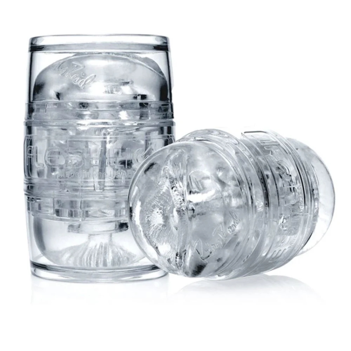 Two clear Riley Reid Fleshlight Quickshot masturbators, one standing upright and one lying horizontally. Hauptbild