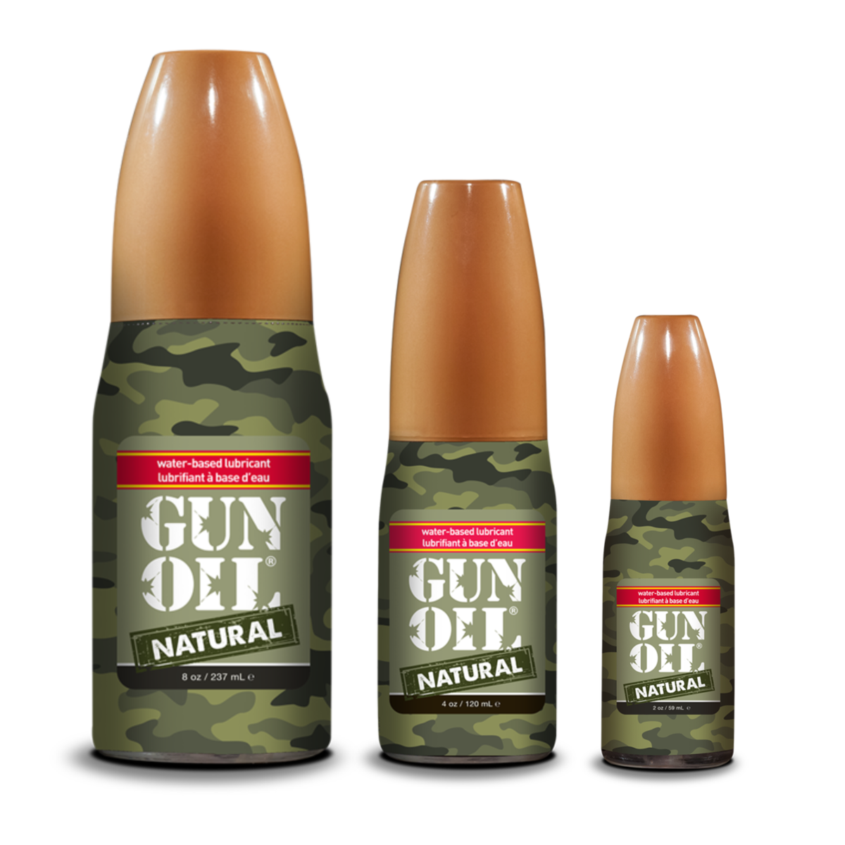 An image of GUN OIL Natural Water-based lubricant in 59ml, 120ml and 237ml in a white background. Hauptbild