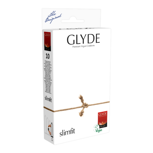 A box of Glyde Slimfit condoms. The box is white, with a brown rope tied in a knot across the middle. The words "GLYDE Premium Vegan Condoms" are written in black capital letters. The words "slimfit" are written in smaller black letters below the rope. The side of the box indicates it contains 10 condoms. 