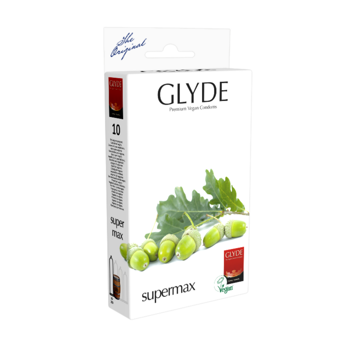 A box of Glyde SuperMax condoms. The box is white, with a sprig of green oak leaves and acorns across the bottom. The words "GLYDE Premium Vegan Condoms" are written in black capital letters near the top. The words "supermax" are written in smaller black letters below the acorns. The side of the box indicates it contains 10 condoms.  Hauptbild