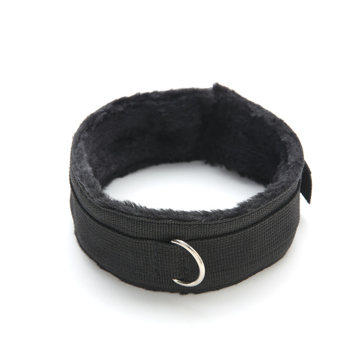 Black plush-lined collar with D-ring in a white background.