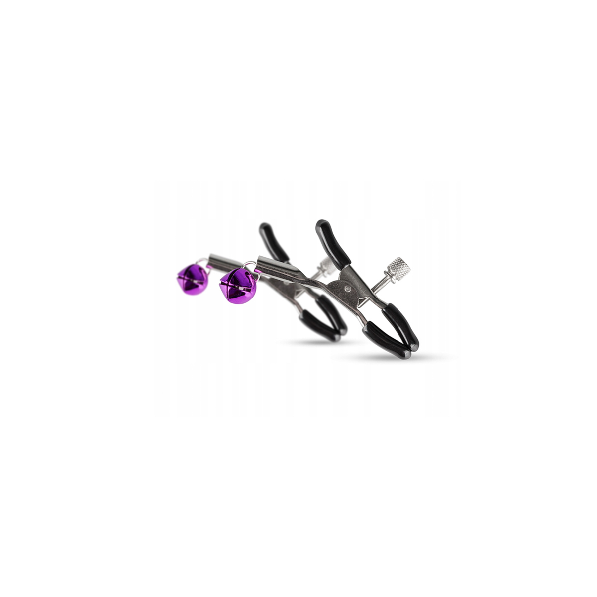 Adjustable metal nipple clamps with black rubber tips and purple bells.