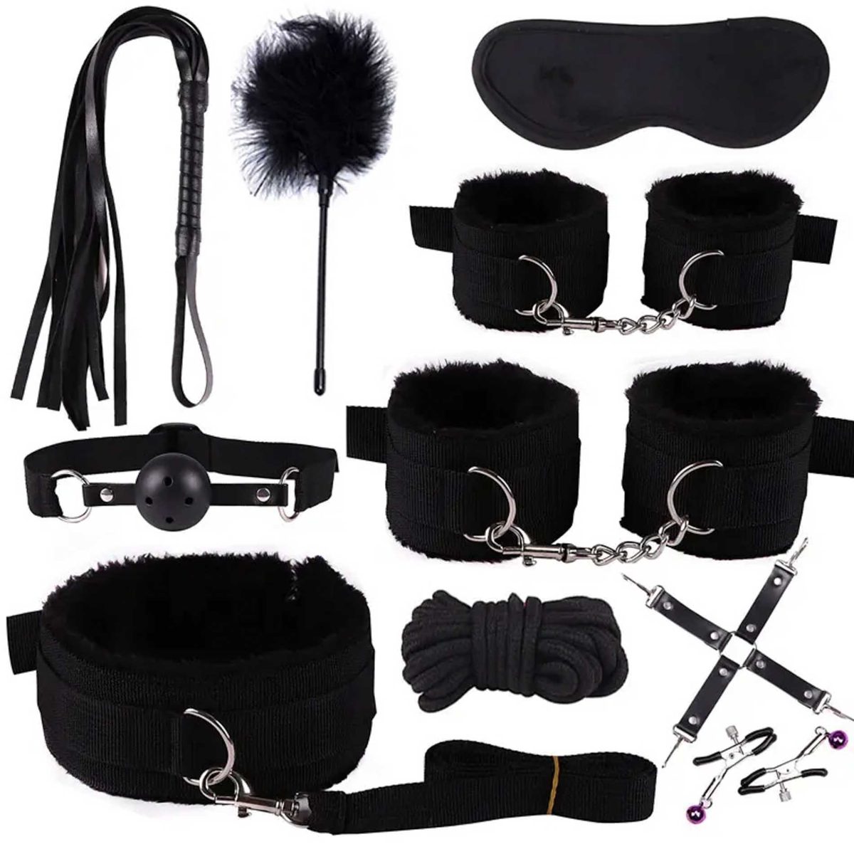 Full Hidden Desire Chest BDSM set laid out, including collar, cuffs, whip, gag, tickler, blindfold, rope, cross straps and clamps.
