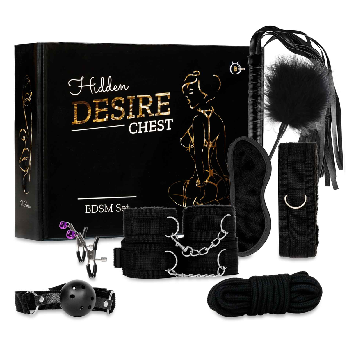 Hidden Desire Chest BDSM Set set in black box with line art, showing all accessories in the white background. Hauptbild