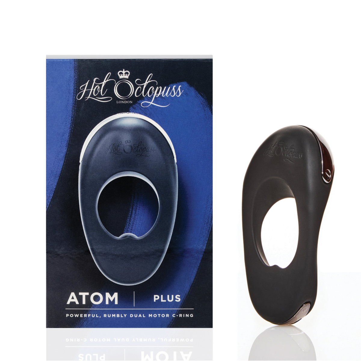 Product set view showing the black Hot Octopuss Atom Plus vibrating c-ring standing next to its blue and black retail packaging box. Hauptbild