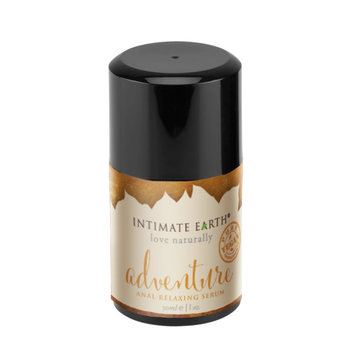 Isolated product view of the compact 30 ml (1 fl oz) Intimate Earth Adventure anal relaxing serum pump bottle featuring a large black overcap and gold-accented label with pure vegan seal. Hauptbild