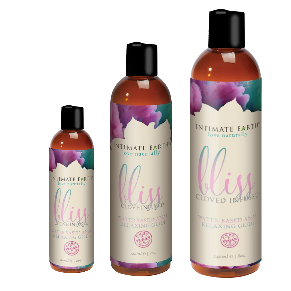 Size comparison view showing three amber bottles of Intimate Earth Bliss anal relaxing glide standing side by side in 60 ml (2 fl oz), 120 ml (4 fl oz), and 240 ml (8 fl oz) capacities. Hauptbild