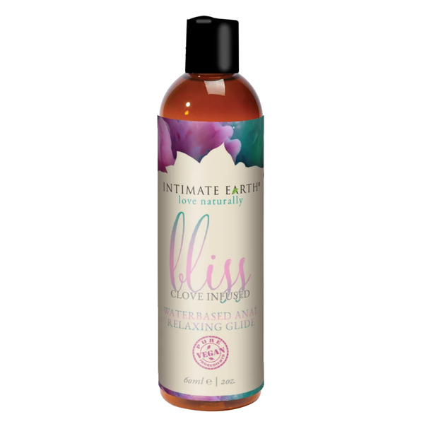 Front studio shot of the compact 60 ml (2 fl oz) amber bottle of Intimate Earth Bliss clove-infused water-based anal relaxing glide with pure vegan certification logo.