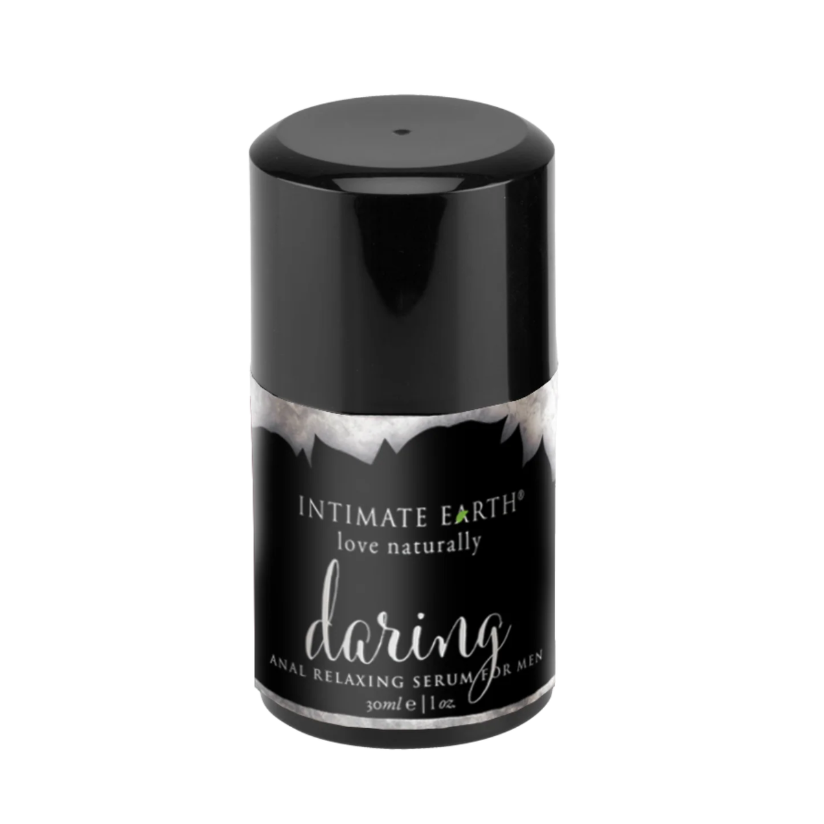 Isolated product view of the compact 30 ml (1 fl oz) Intimate Earth Daring anal relaxing serum pump bottle for men, featuring a black overcap and dark marble-accented label. Hauptbild