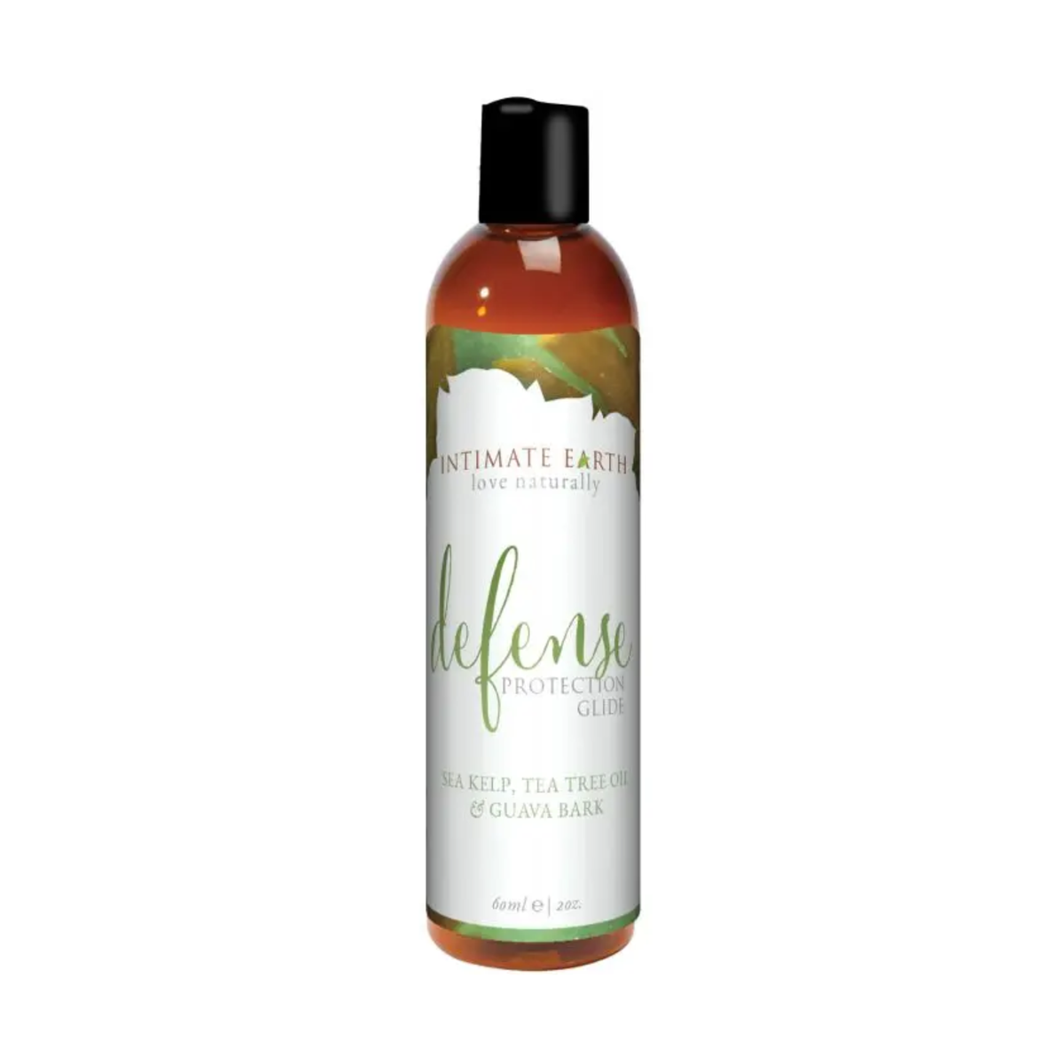 Front studio view of the travel-sized 60 ml (2 fl oz) amber bottle of Intimate Earth Defense protection glide with a black cap.