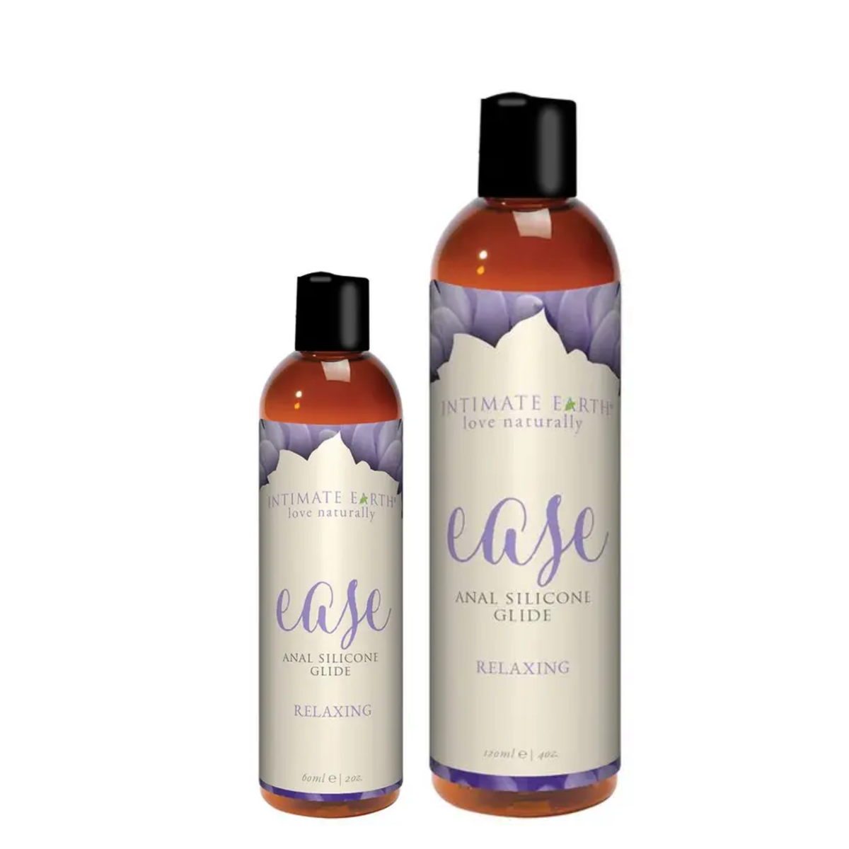 Size comparison view showing two amber bottles of Intimate Earth Ease relaxing anal silicone glide standing side by side in 60 ml (2 fl oz) and 120 ml (4 fl oz) capacities. Hauptbild
