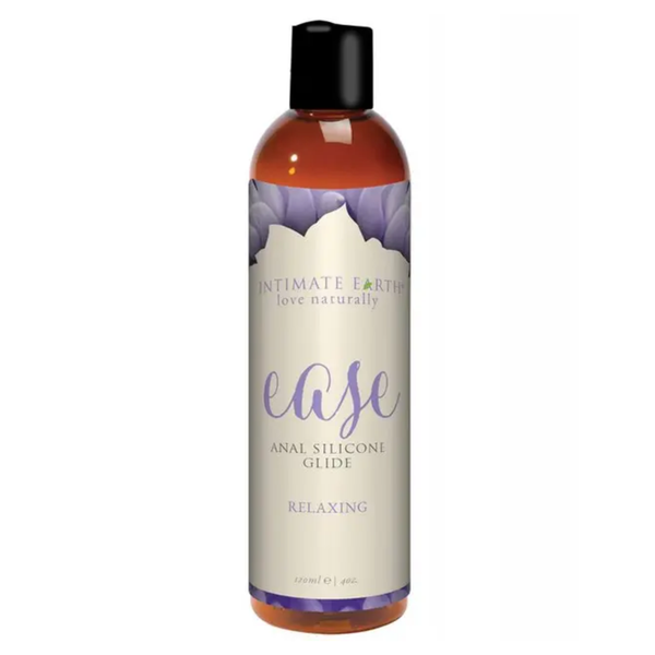 Direct studio shot of the medium 120 ml (4 fl oz) amber bottle of Intimate Earth Ease relaxing anal silicone glide with a black cap.
