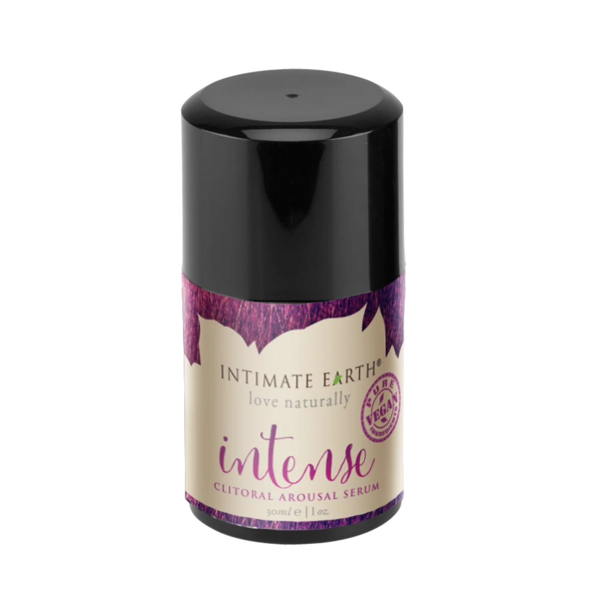 Isolated product view of the compact 30 ml (1 fl oz) Intimate Earth Intense clitoral arousal serum pump bottle, featuring a black overcap, purple-accented label, and pure vegan seal. Hauptbild