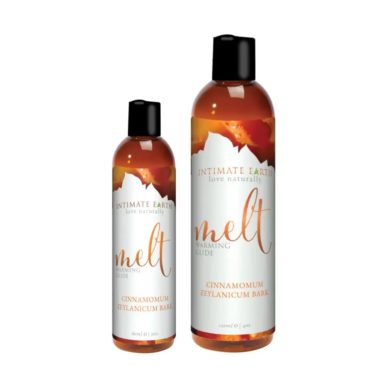 Size comparison view showing two amber bottles of Intimate Earth Melt warming glide standing side by side in 60 ml (2 fl oz) and 120 ml (4 fl oz) capSize comparison view showing two amber bottles of Intimate Earth Melt warming glide standing side by side in 60 ml (2 fl oz) and 120 ml (4 fl oz) capacities.acities. Hauptbild